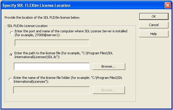 Activating your Product using SDL License Manager 2 3 lick Add. The Specify FLEXlm License Location page is displayed. 4 Select the second option: Enter the path to the license file.