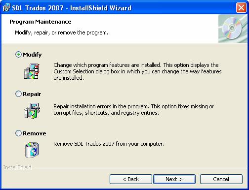 3 Maintaining your Installation 4 In the installation wizard, click Next to continue to the Program Maintenance screen: 5 In the Program Maintenance screen, select Modify and then Next to continue.