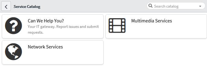 2. The Service Catalog homepage opens in the Content frame (see Figure 12). Click the desired category (e.g., Multimedia Services), and then click the item that you want to request (e.g., Media Production Request Form).