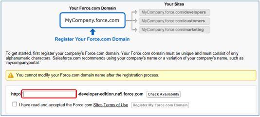 3. Once you choose a domain name that is available, select the box to indicate that you have read and accepted the Site Terms of Use and then click Register My Force.com Domain. 4.