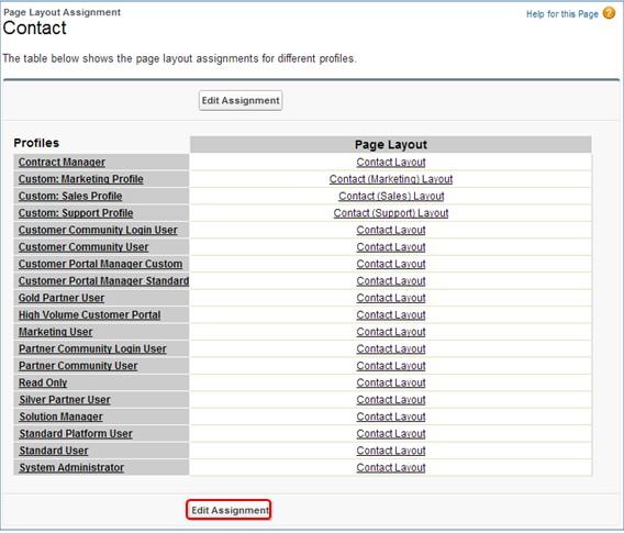 4. From the Edit Page Layout Assignment detail page, click to select the page layout beside each profile to assign the MassMailer layout, then select SG_Contact Layout from the drop down list.