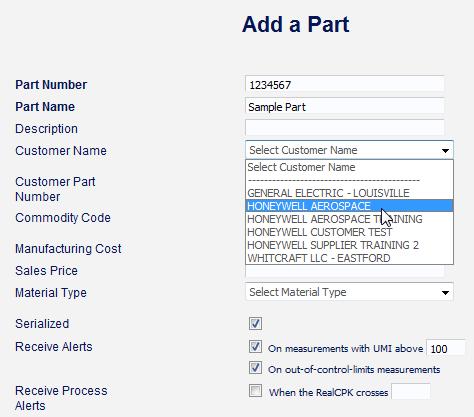 Setup Part Update Details Select HONEYWELL AEROSPACE from the Customer Name drop-down list.