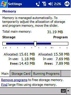 Managing Memory Memory on your Pocket PC Phone is shared between storage memory and program memory. Storage memory is used to store the information you create and programs you install.