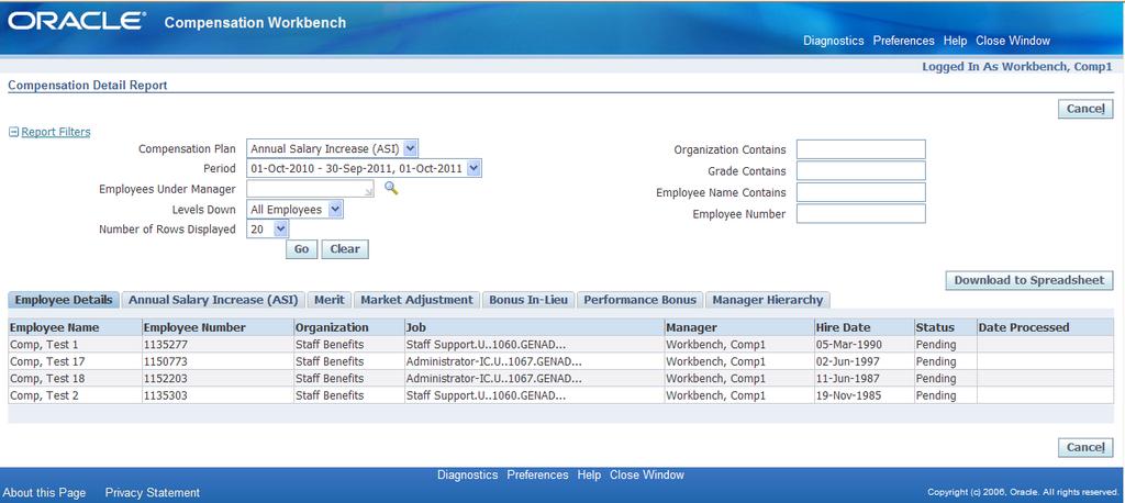 Compensation Detail Report The Compensation Detail Report allows you to view employee details for the entire ASI and by the individual ASI Components as well as Manager Hierarchy information.