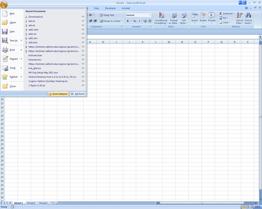Excel Settings Required for Download to Spreadsheet 1 1) Select Excel Options from the Office