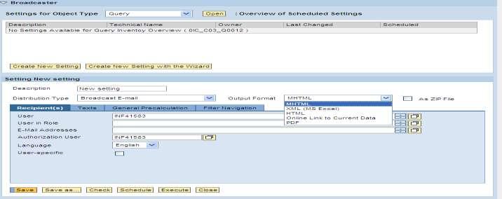 BW Broadcaster used to schedule reports in SAP BW. The following screenshot gives a glance of BW broadcaster. BO scheduler is used to schedule broadcasts in BusinessObjects.