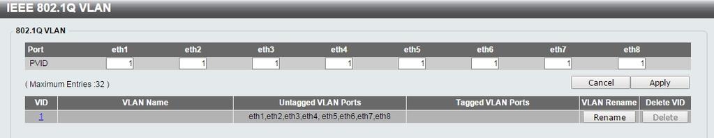 To create a new VID group, click Add VID and the following will be displayed: Figure 4.29 L2 Features > VLAN > 802.1Q VLAN Add VID The fields that can be configured for 802.