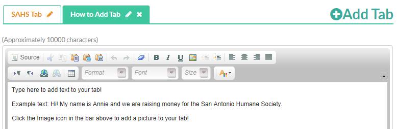 How to Add/Edit Your Fundraising Page Tabs 1. On the same screen, click the Add Tab button to add an additional tab.