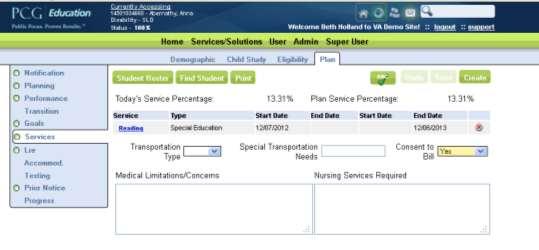 IEP/Services Click the Create button in the upper right corner of the screen to define the special education