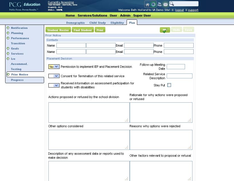 IEP/Consent and Prior Notice Users document IEP team decisions on the Prior Notice tab.