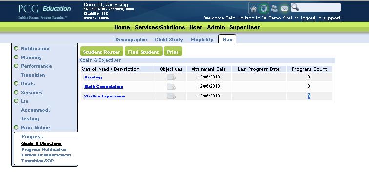 Locked IEP/Progress Progress may be tracked only after the IEP is locked. Upon opening a locked IEP record, the first tab you will see is the progress tab.