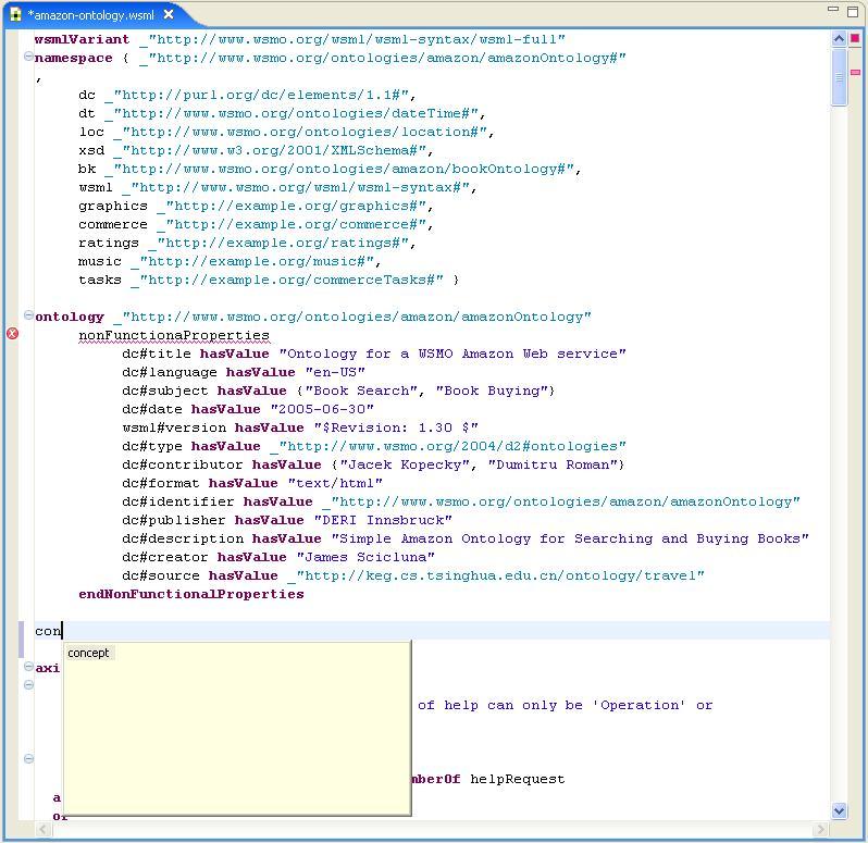 Figure: WSMT Text-based Editor The WSML Text Editor shows the contents of a WSML document, in the WSML human readable syntax, to the user with syntax highlighting, content assistance and many other