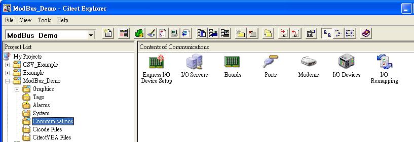 1.2. Click on the new ModBus_demo project and choose Communications to set the parameters for communications and connections. 1.3. There are several items under Contents of Communications.