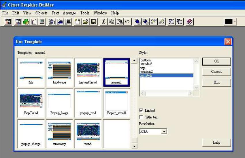 3.3. In the Citect Graphics Builder setup window, select your preferred template, such as Normal or XP_Style, from the