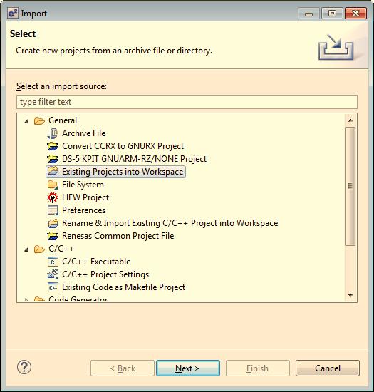 distribution into your work directory. Start Renesas e2studio and select and create a workspace. Import the sample start project into the workspace.