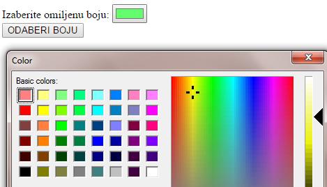 Izbor boje (color) Odabir boje iz palete (colorpicker): <form action="demo_form.