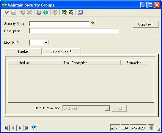 Registration and Security 2 Select System Manager Maintenance menu > Maintain Security Groups. The following window appears: 3 Type a name and description for the security group.