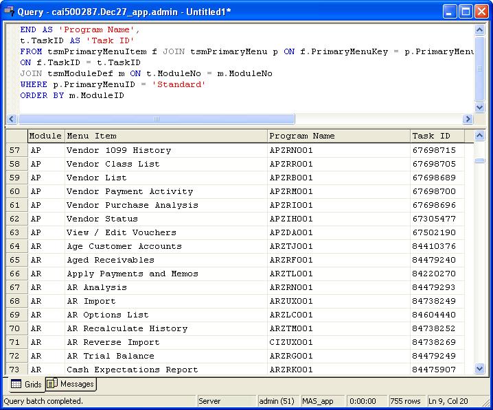 Appendix F Listing all tasks in order of module The following query lists all tasks in order of module and includes long task names.