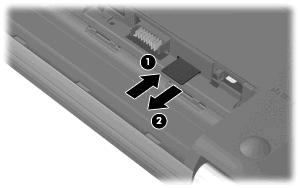 7. Push in on the SIM card (1) to release it, and then remove the SIM card (2). 8. Replace the battery. 9. Turn the computer right-side up, and then reconnect external power and external devices. 10.