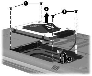 7. With the hard drive bay toward you, loosen the hard drive cover screw (1). 8. Lift the hard drive cover away from the computer (2). 9.