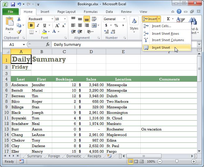Managing Workbooks Inserting and Deleting Worksheets You can easily add worksheets to a workbook or delete unwanted ones. Insert a worksheet 1. Click the Insert Worksheet tab.