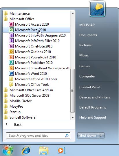 Program Fundamentals Starting Excel 2010 In order to use a program, you must start or launch it first. Windows Vista and Windows 7 1. Click the Start button. The Start menu appears. 2. Click All Programs.