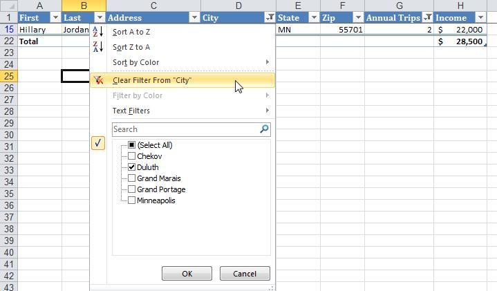 A list appears, displaying several options for sorting or filtering the table data. The check boxes are all the data entries for the selected field. 2.