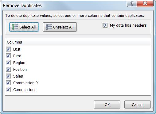Working with Tables Removing Duplicate Rows of Data If there are duplicate rows of identical data in your table, Excel can find and remove the duplicate rows for you.