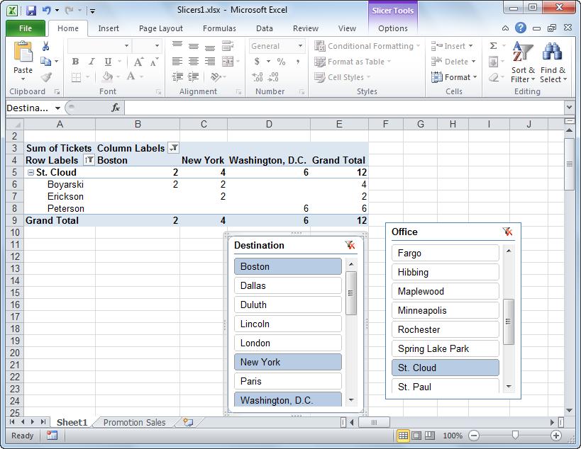 Working with PivotTables Using Slicers Slicers are a new feature in Excel 2010 that has been added in order to provide an easy way to filter PivotTable data.