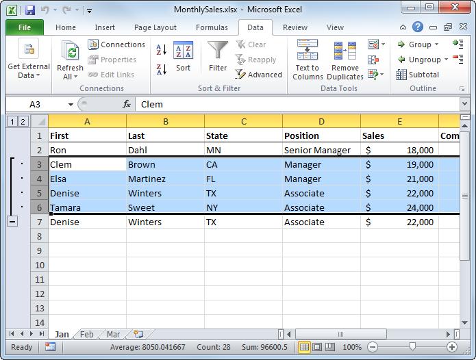 Analyzing Data Grouping and Outlining Data Many spreadsheets are created in a hierarchical style. For example, a worksheet might contain a column for each month, followed by a total column.