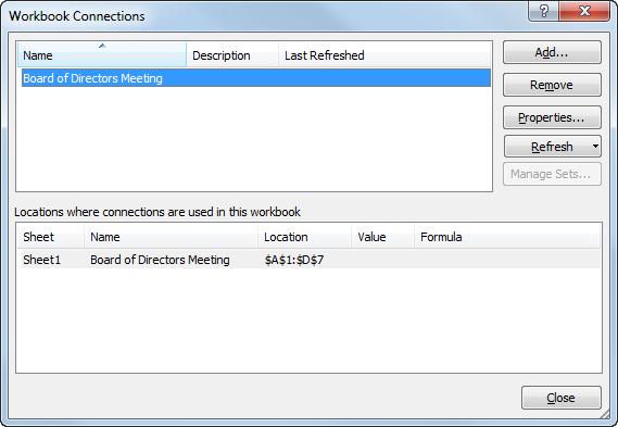 Access existing connections If you have added connections that you want to display, or if you want to open a connection that Excel has built in for you, you can use the Existing Connections dialog