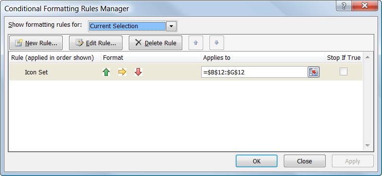 Formatting a Worksheet 3. Select Manage Rules. The Conditional Formatting Rules Manager dialog box appears. The rules applied to the selected cells appear in the dialog box.