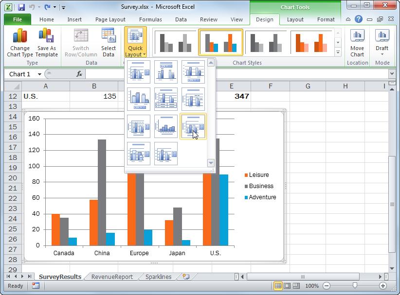 Creating and Working with Charts Changing Chart Layout and Style An easy way to change the look and feel of a chart is by applying one of the built-in layouts and styles that are available in Excel