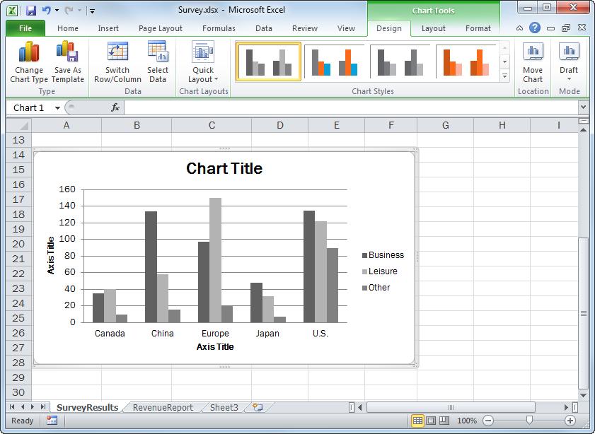 Quick Layout button 1. Select the chart. The Chart Tools appear on the Ribbon. 2. Under Chart Tools on the Ribbon, click the Design tab. Here you can see the Chart Layouts and Chart Styles groups. 3.