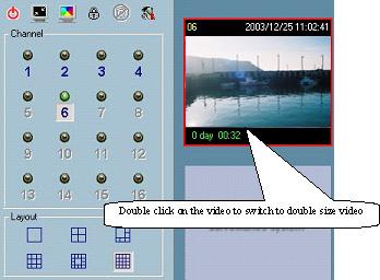 When you want to view one individual camera from the multi-camera layout shown in Fig3-24, double-click on the display frame associated with the dedicated channel in the video area.