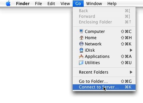 2. Create a new network place From the Go menu in Finder, choose Connect to Server.