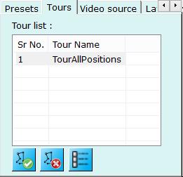 This tab lists all configured tours for selected camera. Select any tour from the list and click on button to start tour. Click on to stop currently started tour.