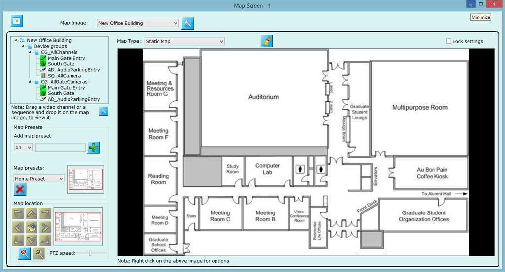Use list. button to upload map image as template to server, desired server can be selected Following image displays New Office Building configuration added to map screen.