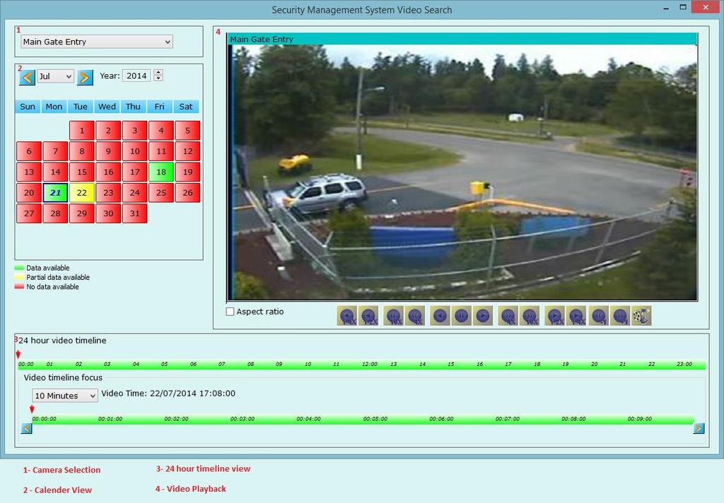 6. Video Search Screen Security Management System provides ability to analyze recorded data over the period of time for all video cameras configured in system also you can view playback for selected