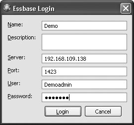 Server Port user Password leave this field blank) Hostname or IP address of your Essbase server Port on which Essbase is listening (1423 is the default port; you should not change it unless you have