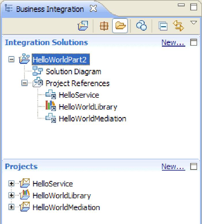 You can see that the HelloService, HelloWorldLibrary, and HelloWorldMediation projects are all referenced by the integration solution, as shown in the following figure: Note: If necessary, you can