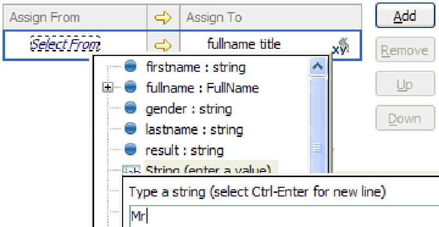 In the Name field, type the variable name fullname and select the type FullName, which is a business object created in the Hello World Part 1 sample. Click OK.