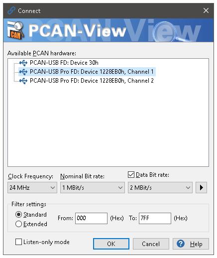 Do the following to start and initialize PCAN-View: 1. Open the Windows Start menu and select PCAN-View. The Connect dialog box appears. Figure 13: Selection of the specific hardware and parameters 2.
