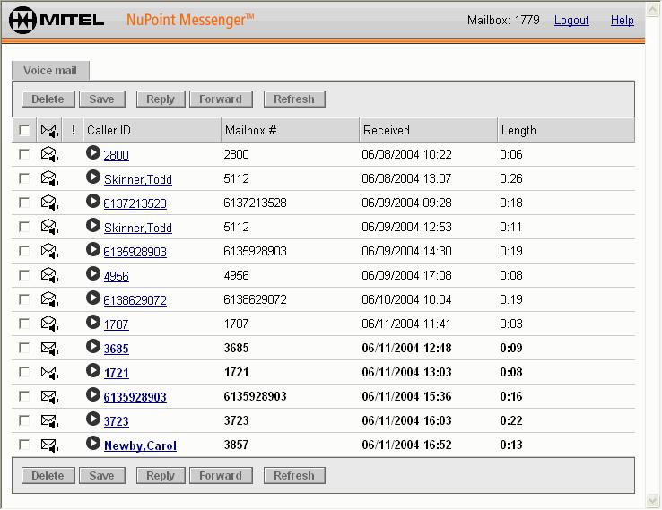 Chapter 2: Using the NuPoint UM Interface The following screen illustrates the main window of the Voicemail folder with the available task buttons.