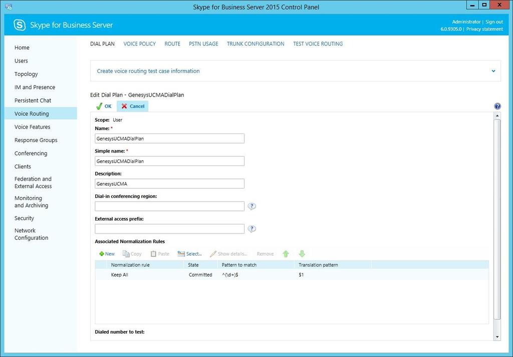 The next figure shows how you create a dial plan in the Skype for Business Control Panel.