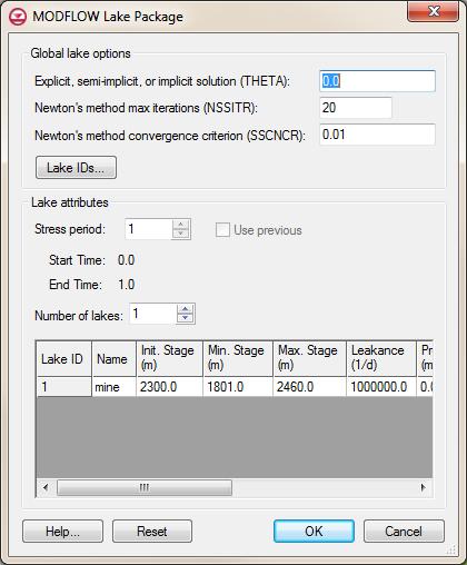 Figure 9 MODFLOW Lake Package dialog 2. Click Lake IDs to bring up the Lake ID dialog. 3. Use the scroll bars in the 2D array to find the area with 1s (rows 21 32 and columns 23 34).