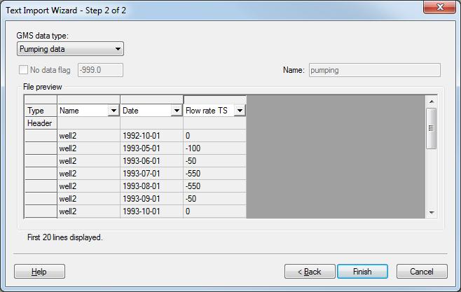 MODFLOW Transient Calibration When importing text data for points, it is important to indicate to GMS to which point the date and time data belongs.