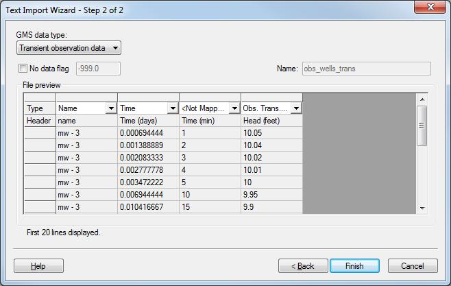 This wizard is used to import text data into a GMS project. Figure 6 Text Import Wizard with Heading row checked 4.