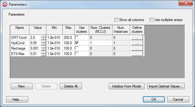8. Select MODFLOW Parameters to bring up the Parameters dialog. Four parameters imported as part of the simulation will be visible (Figure 11). Figure 11 MODFLOW parameters 9.
