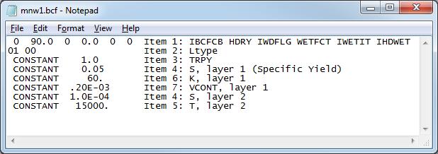 This is the directory containing the original MODFLOW files. Files similar to those in Figure 5 should be present. Figure 5 Original MODFLOW input files 5. Open mnw1.bcf in a text editor (Figure 6).
